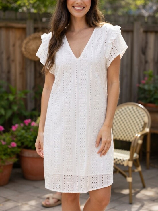 ICHI Dresses & Skirts - Ichi White Cotton Eyelet V-Neck Mid-length Shift Dress Size 40
